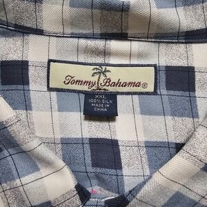 Tommy Bahama Size XXL Blue & Cream Plaid Button‎ Up Short Sleeve 100% Silk Shirt